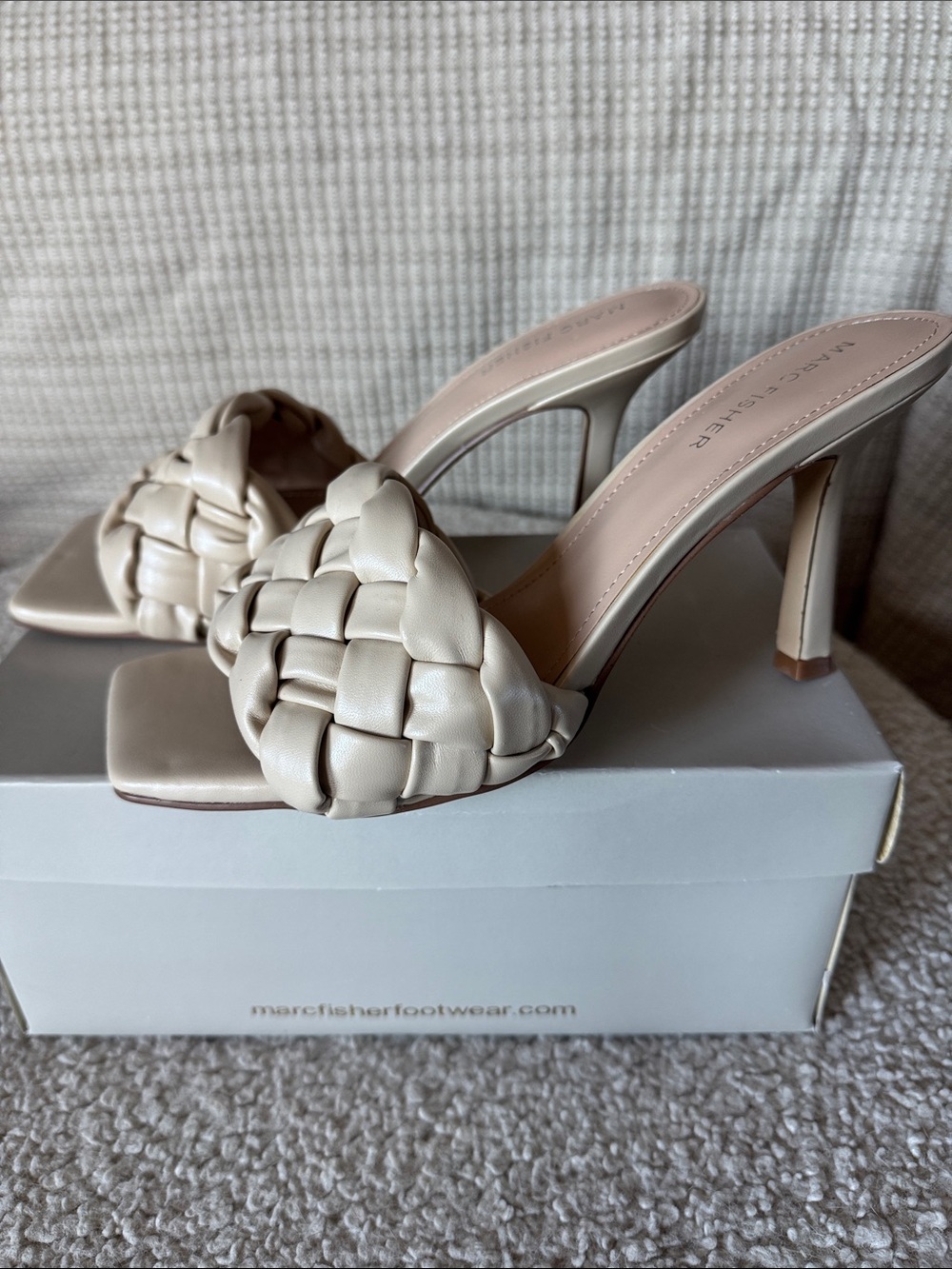 Marc Fisher Braided Open-Toe Slide Heels in Ivory